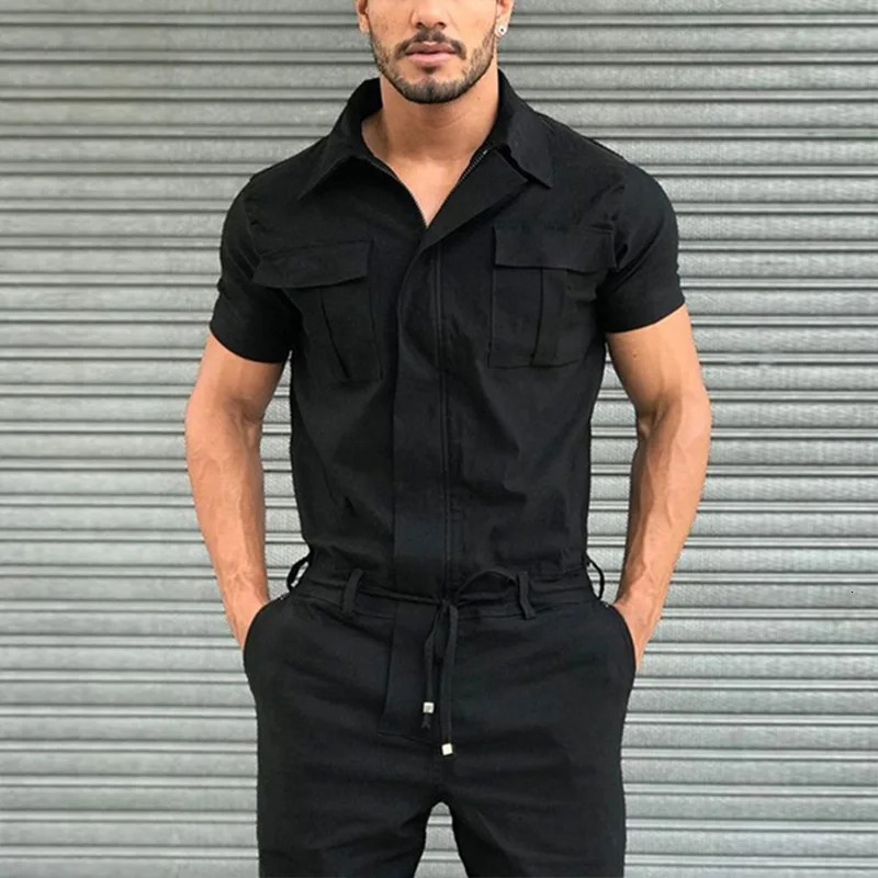 Men Pants Casual Onepiece Suit Spring Summer Fashion Jumpsuits Short Sleeve Belt Clothing Solid 250729