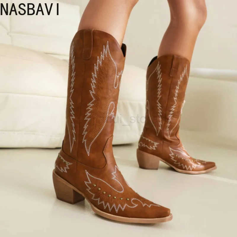 Nasbavi Red Western Cowboy Boots for Women Embroidered Pointed Toe Shoes Knee High Wide Calf Cowgirl Boots M250812