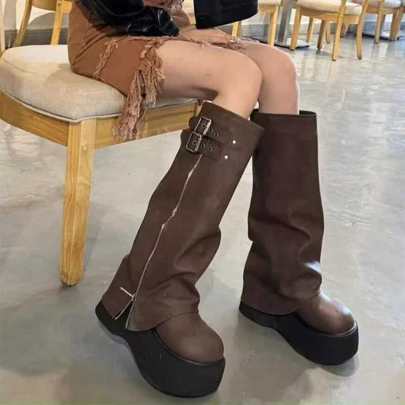 Soft Leather Ankle Mid Calf Winter Autumn High Platform Wedge British Booties Women New Ladies Chunky Motorcycle Boots Y250812
