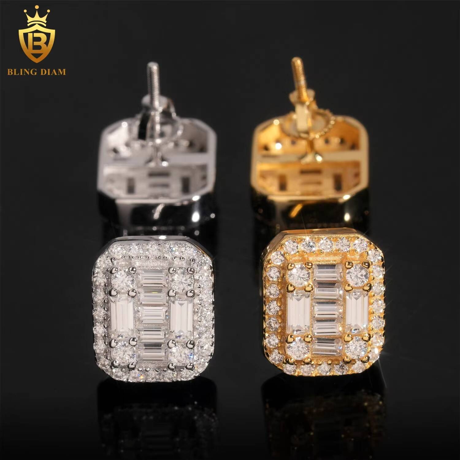 Pass Diamond Tester 925 Sterling Silver Luxury Hip Hop baguette VVS Moissanite Stud Earrings