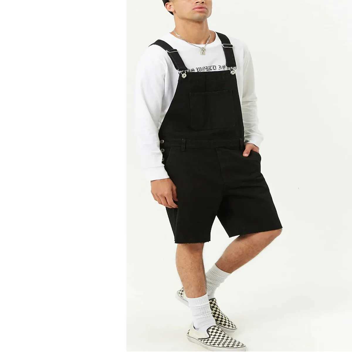 New Retro Mens Jeans Denim Ripped Shorts One-piece Overalls Bib Knee Length Pants Black Jumpsuit X250812
