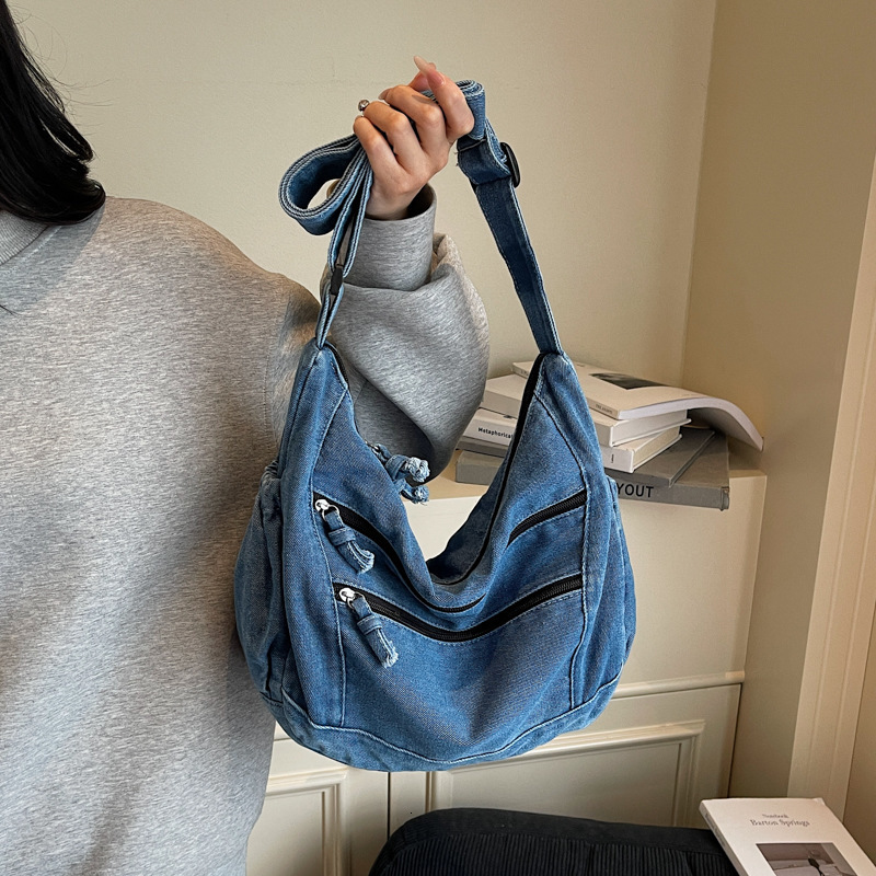 INS Denim Crossbody Women, Large Capacity Artistic Shoulder for Men, Student Class Lazy Style Dumpling Bag