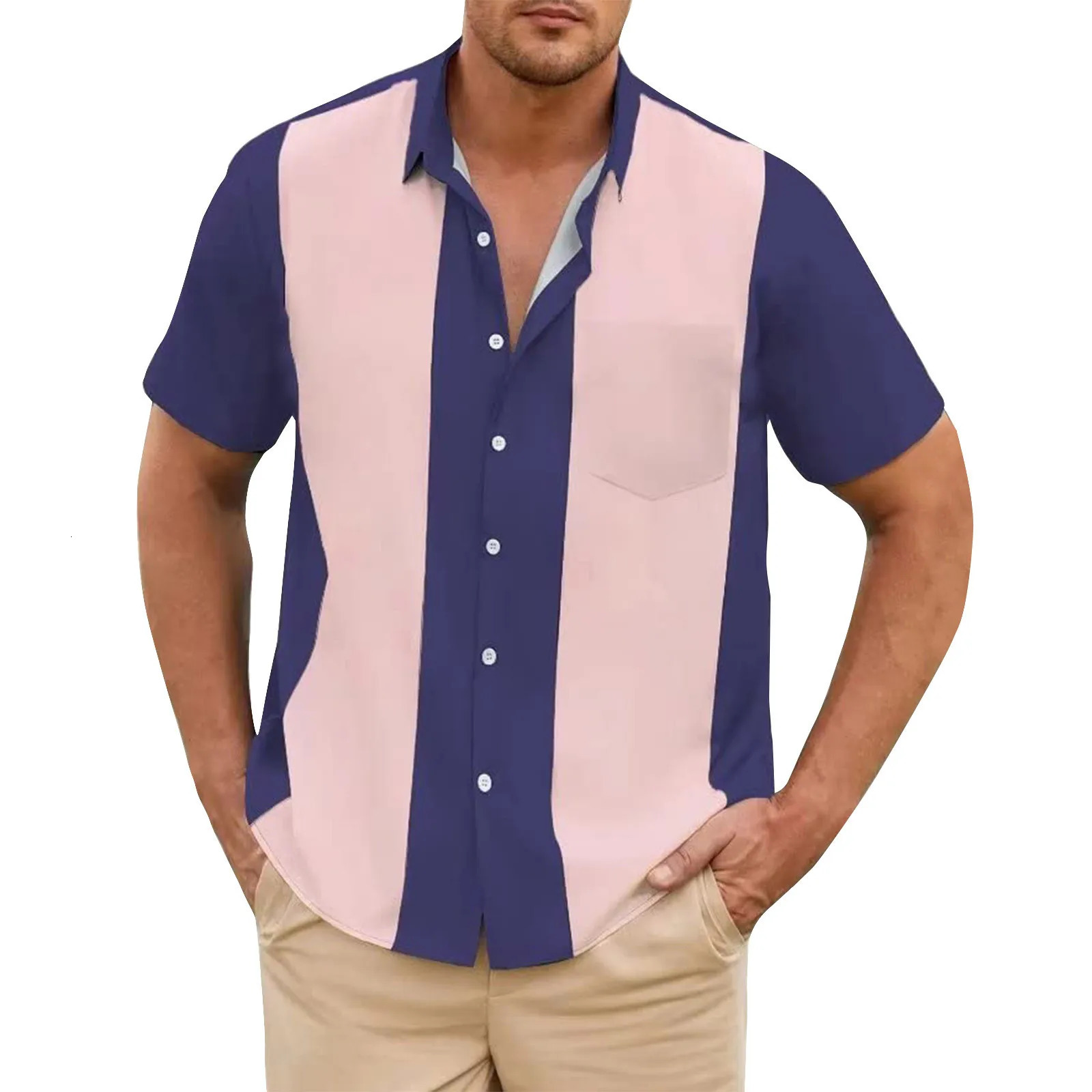 Fashion Business Stripped Splicing Shirt For Men Vintage Casual And Versatile Button Down Bowling Short Sleeve Summer TShirt 250804