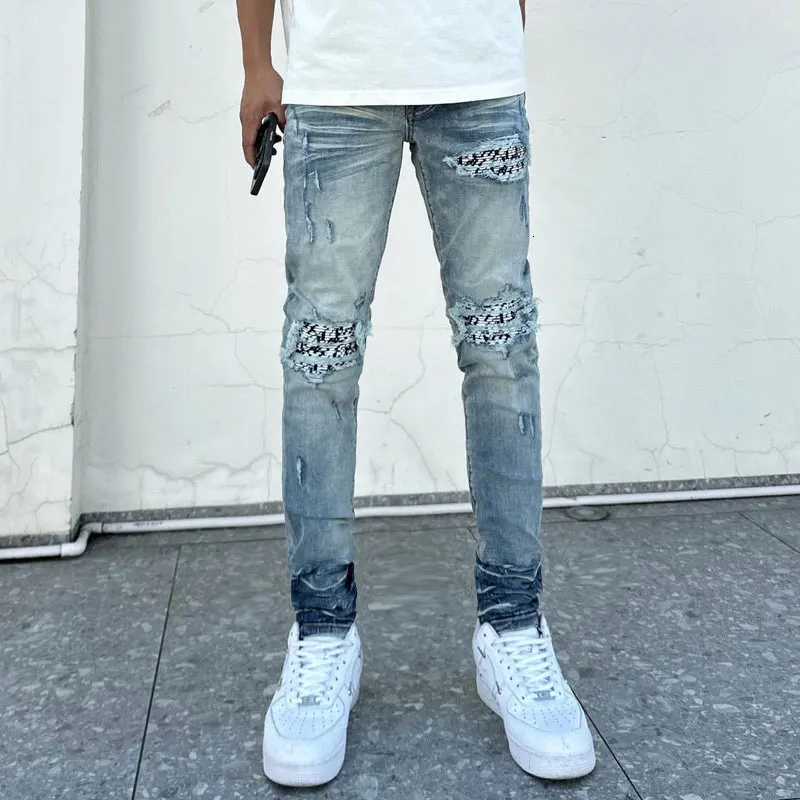 High Street Fashion Men Jeans Retro Washed Blue Stretch Skinny Fit Printed Patched Ripped Jeans Men Brand Designer Hip Hop Pants X250812