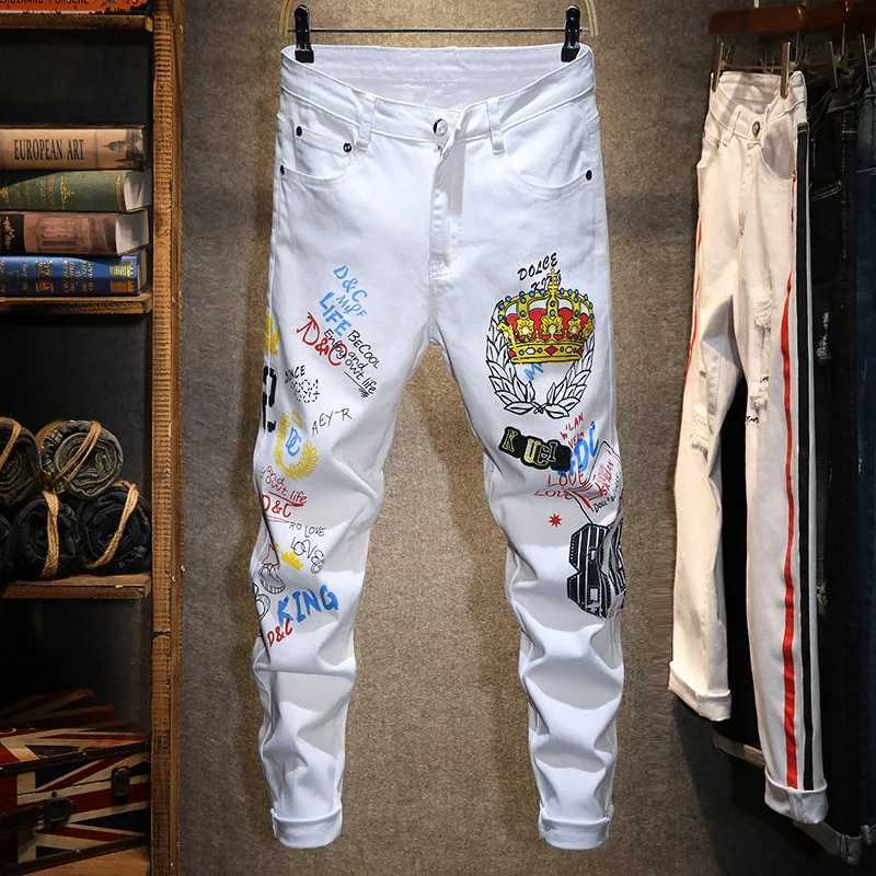 Personality fashion White jeans mens fashion hot stamping flower embroidery street handsome slim fit skinny stretch trousers X250812