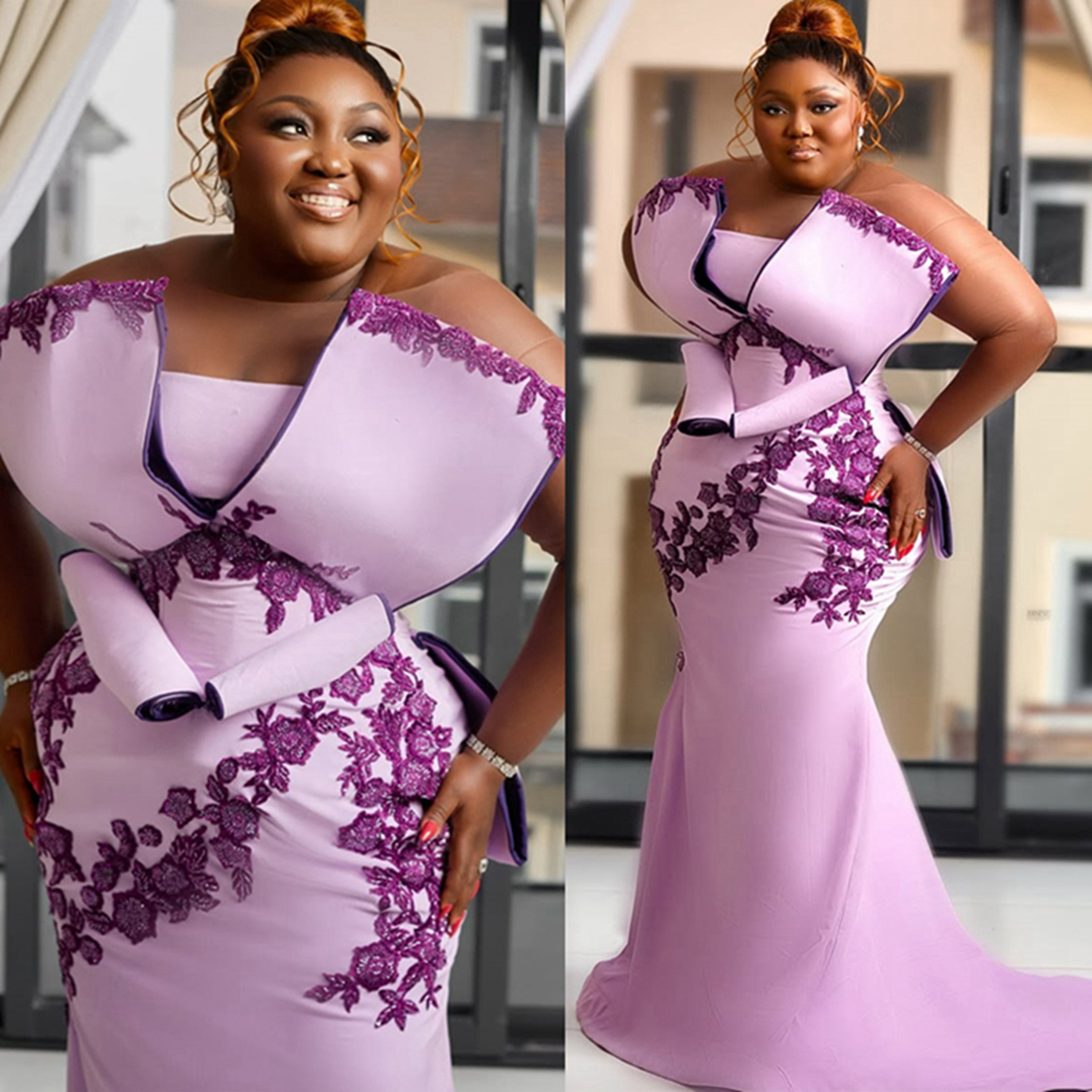 Mermaid Light Piurple Plus Size Prom Dress 2025 Evening Dresses For Special Occasions Sheer Neck Appliqued Lace Illusion Birthday Second Reception Gow