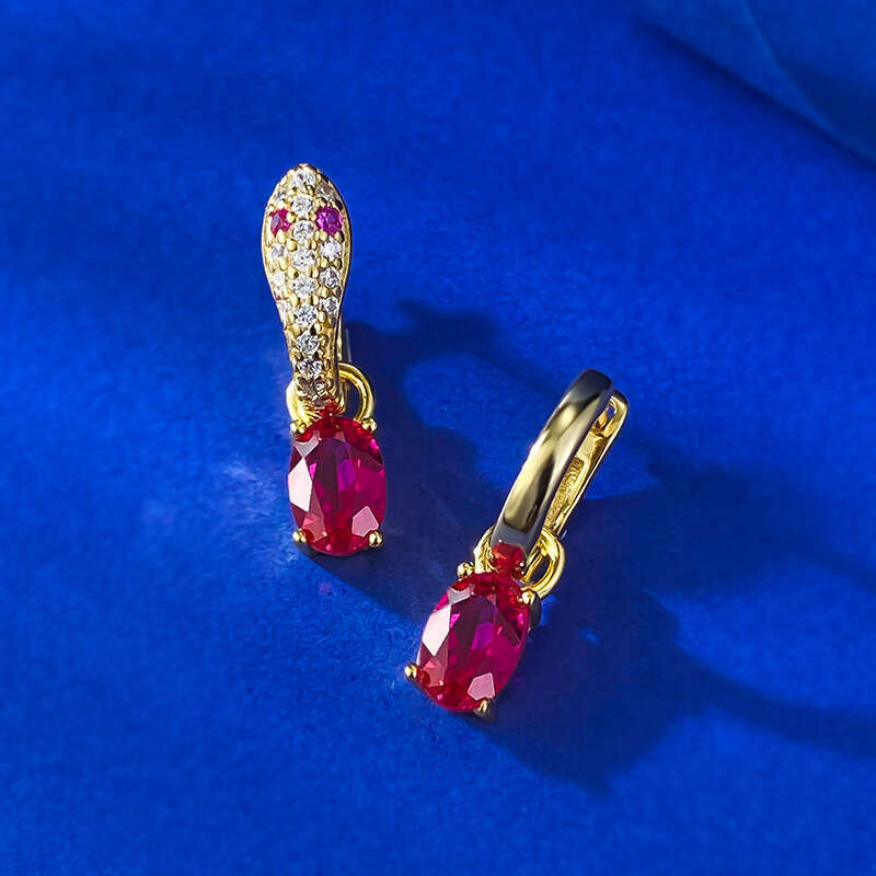 Mujing 2024 New S Sier Niche Design Red Blue Green Gemstone Earrings 4*6 Oval Exquisite Ear Jewelry