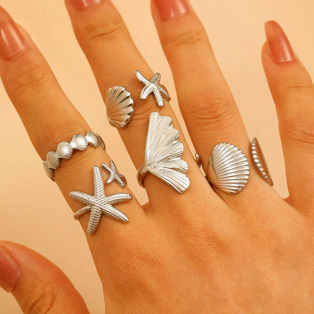 Stainless Steel Open for Women Starfish Shell Ginkgo Leaf Ring Ocean Holiday Style Jewelry