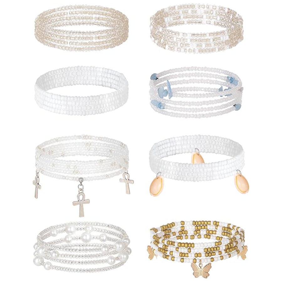 Tornito 8Pcs 31.5 Inches African Waist Bead Chain Elastic Belly Beads Butterfly Shell Layered Body Chain Golden White Tone Jewelry Accessories for Wom