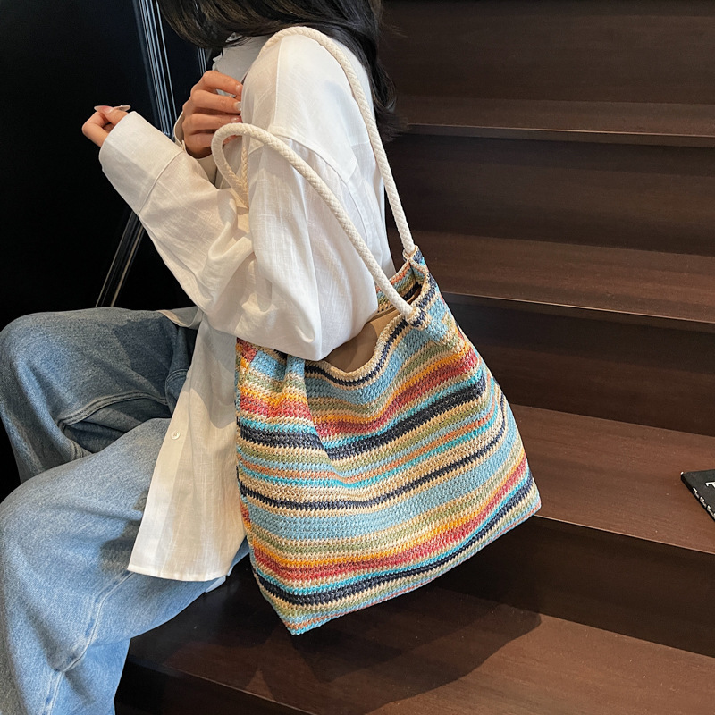 Women's Trendy Rainbow Woven New Versatile Casual Large Capacity Straw Vacation Tote Bag