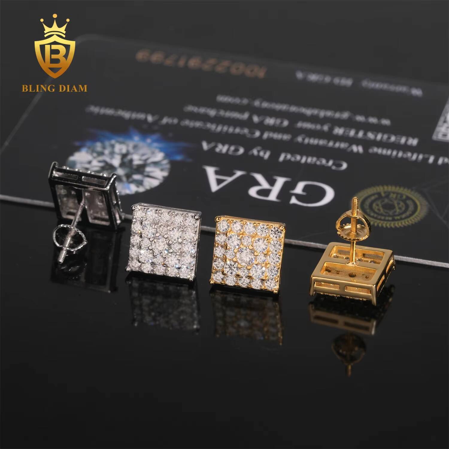 Blingdiam Jewelry 925 Sterling Silver Vvs Moissanite Custom Natural Diamond Square Earrings Stud for Men Women Vintage