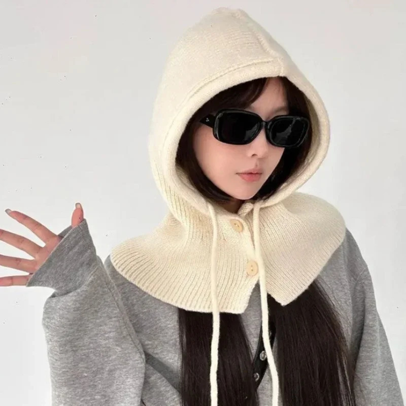 Korea Winter Hats and Scarf Set with Botton Scarf Balaclava Hat Warm Neck Set Women Knitted Wool Pullover Hat Gothic Y2k 250808