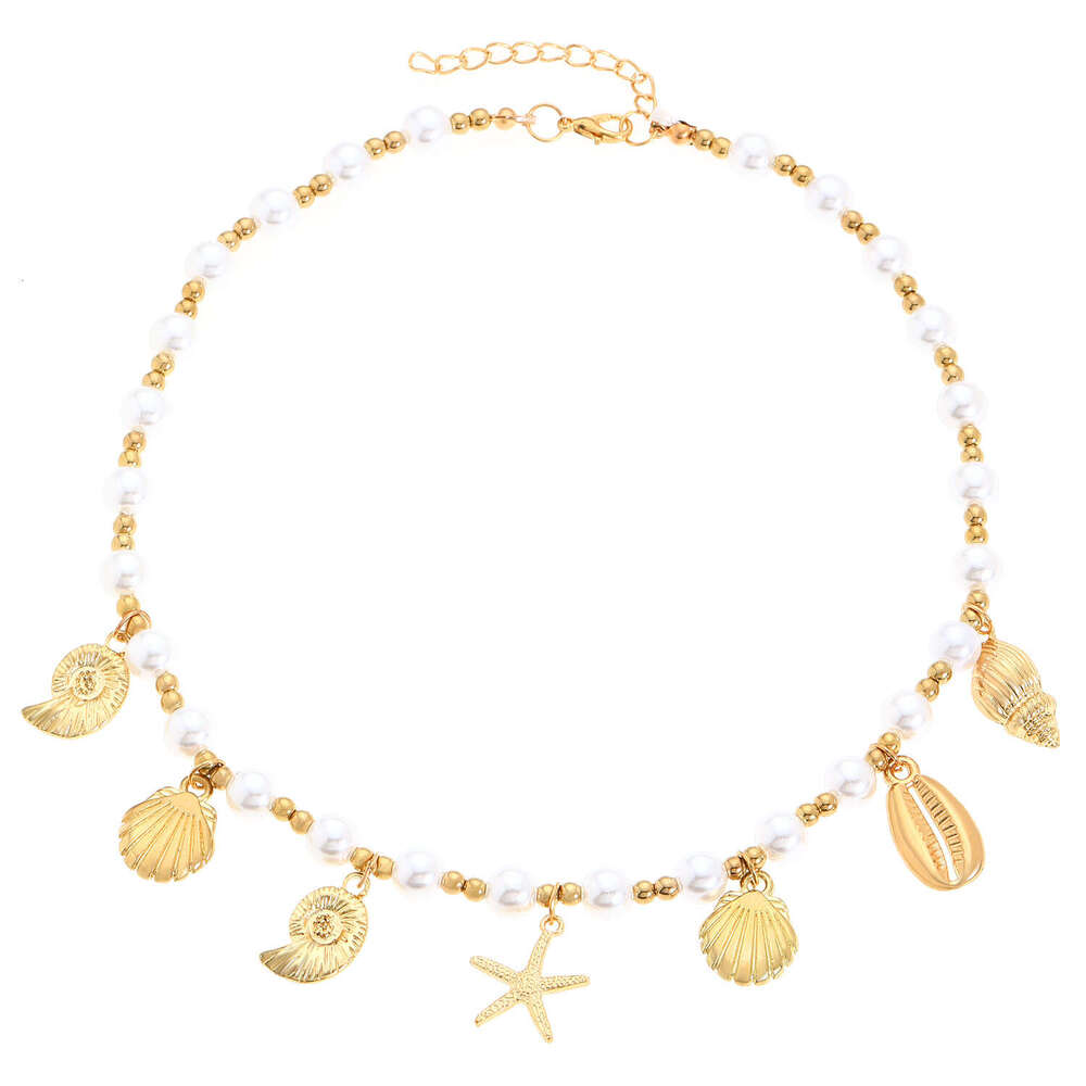 Bohemian Ocean Imitation Pearl Beaded Shell Conch Starfish Necklace for Women Beach Vacation Accessories
