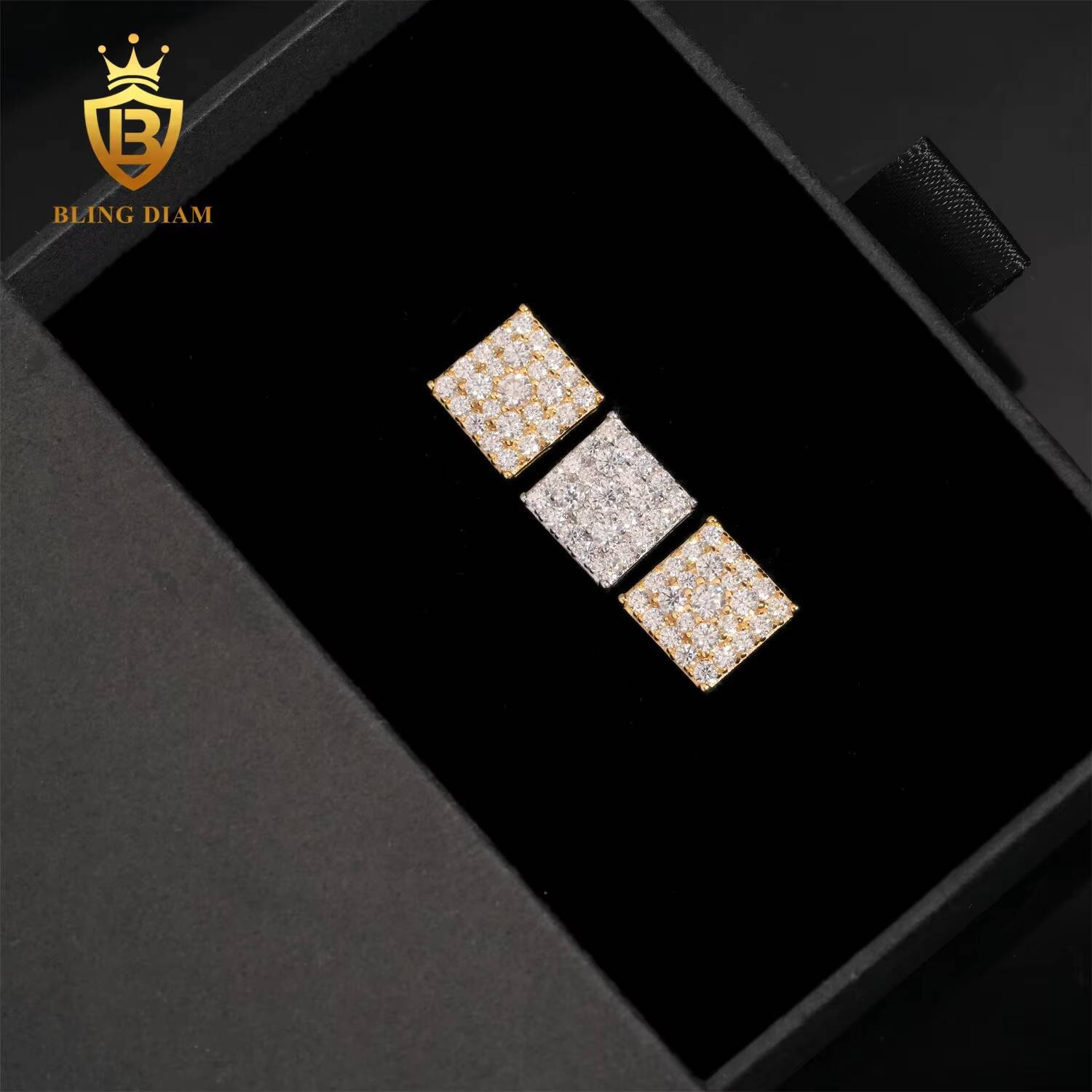 Blingdiam Jewelry 925 Sterling Silver Vvs Moissanite Custom Natural Diamond Square Earrings Stud for Men Women Vintage