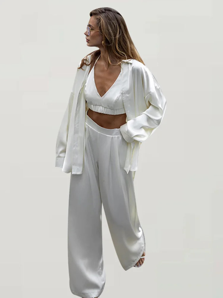 Sexy Loose Silk 3 Piece Sets Women Outfit Fashion Long Sleeve Shirts Bra With High Waist Wide Pants Set Lady Outfit 2025 250811