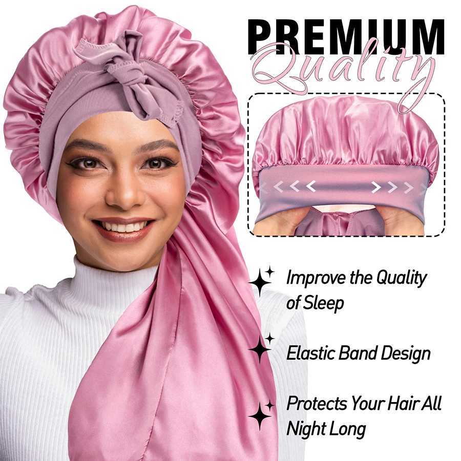 High Quality Silky Long Satin Bonnet Wide-Brimmed Extra Large Size Nightcap with Elasticated Floppy Band for Natural Curly Hair XJ250812