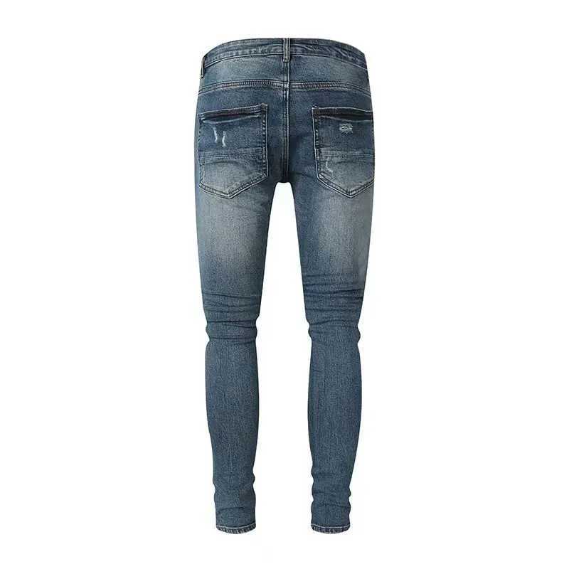 Street Fashion Men Jeans Retro Blue Stretch Skinny Fit Ripped Jeans Men Red Leather Patched Designer Hip Hop Brand Denim Pants X250812