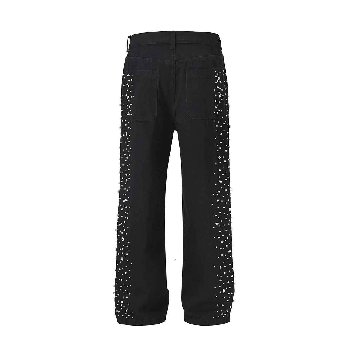 Full Rhinestone Beaded Baggy Jeans for Men Black Hot Drill Pearl Denim Trousers Streetwear Harajuku Straight Loose Cargo Pants X250812