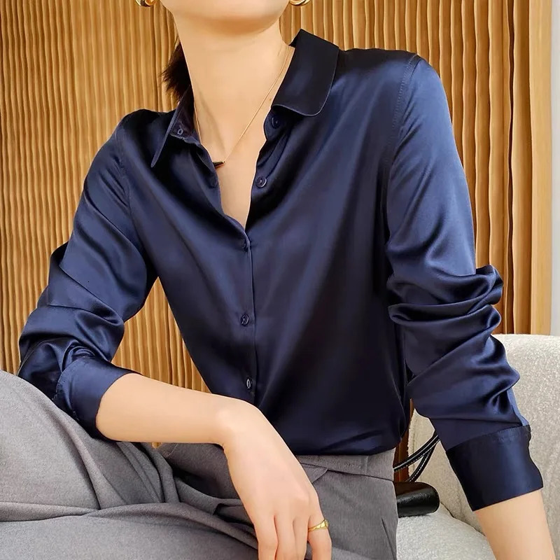 Spring Autumn Elagant Satin Womens Blouse 2025 Long Sleeve Turndown Collar Korean Casual Loose Office Lady Shirts Female 250808