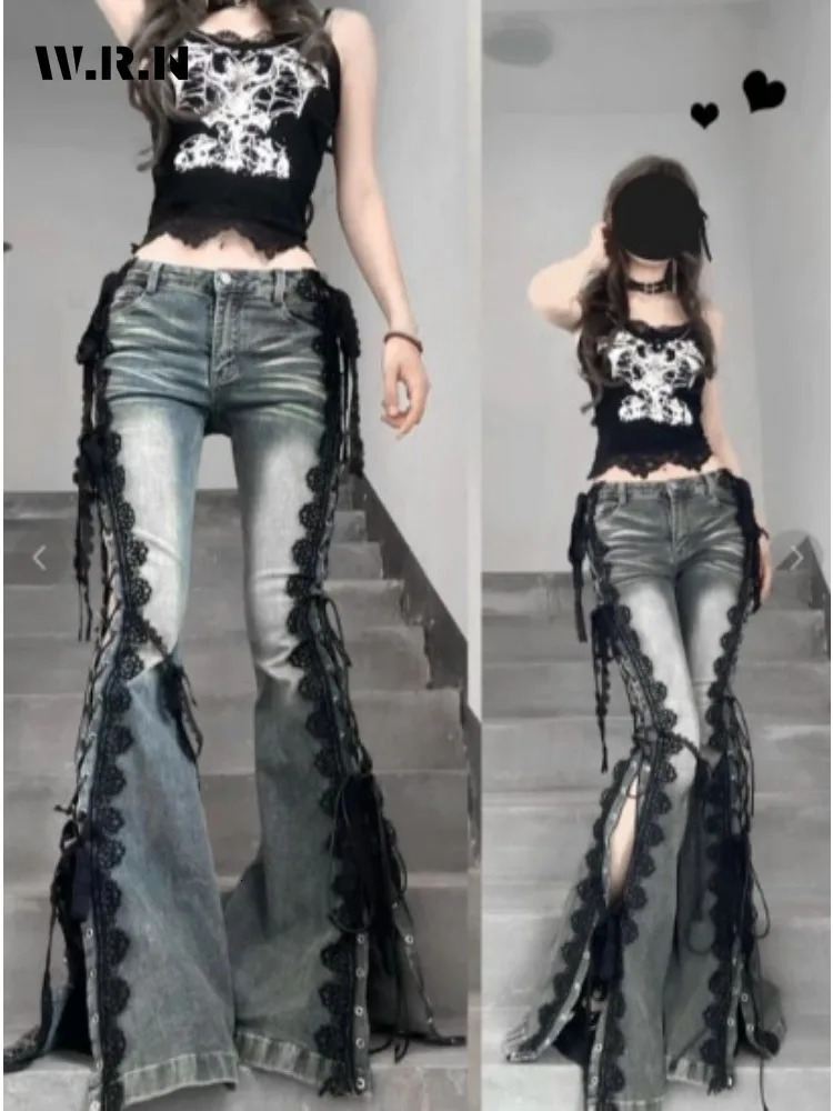 Retro Eyelets Lace Up Flare Jeans Stitch Lace Whiskers Slim Low Rise Split Bootcut Pants Women Bell Bottoms Streetwear 250811