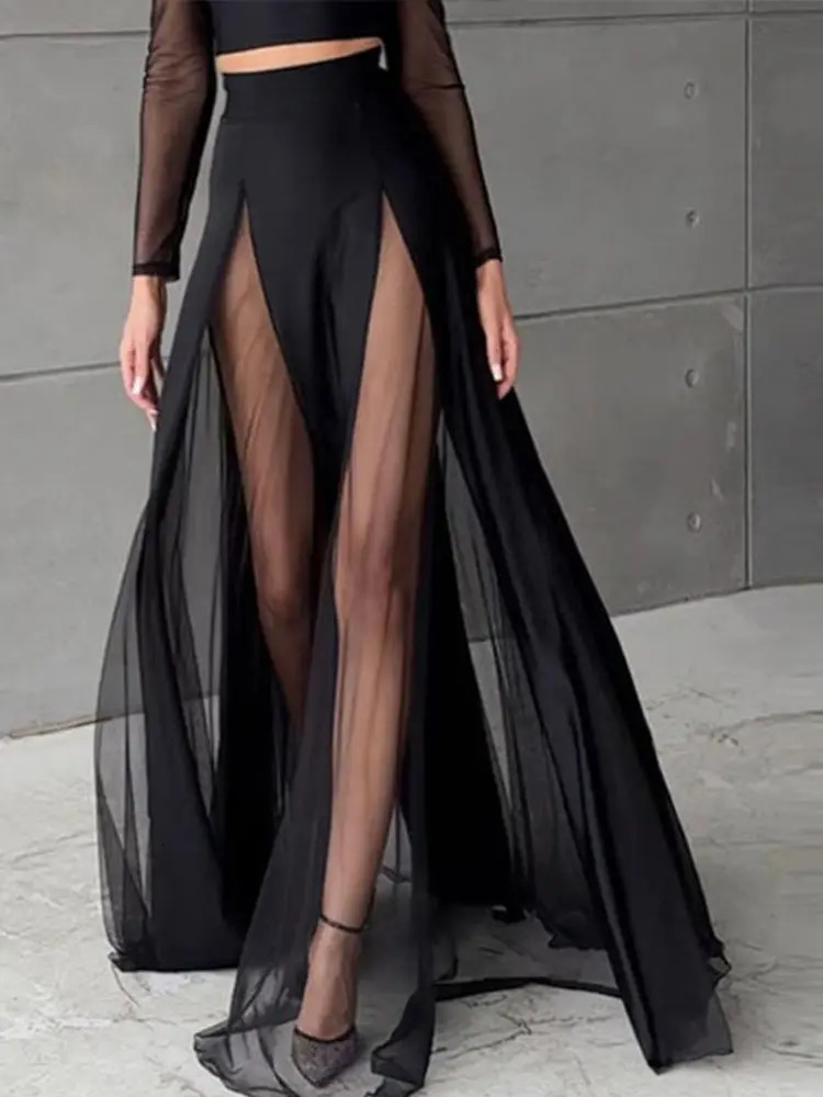 Black Mesh Summer Dress For Women Elegant V Neck Long Sleeve Crop Top Aline Skirt Chic Lady Suit Streetwear 250811