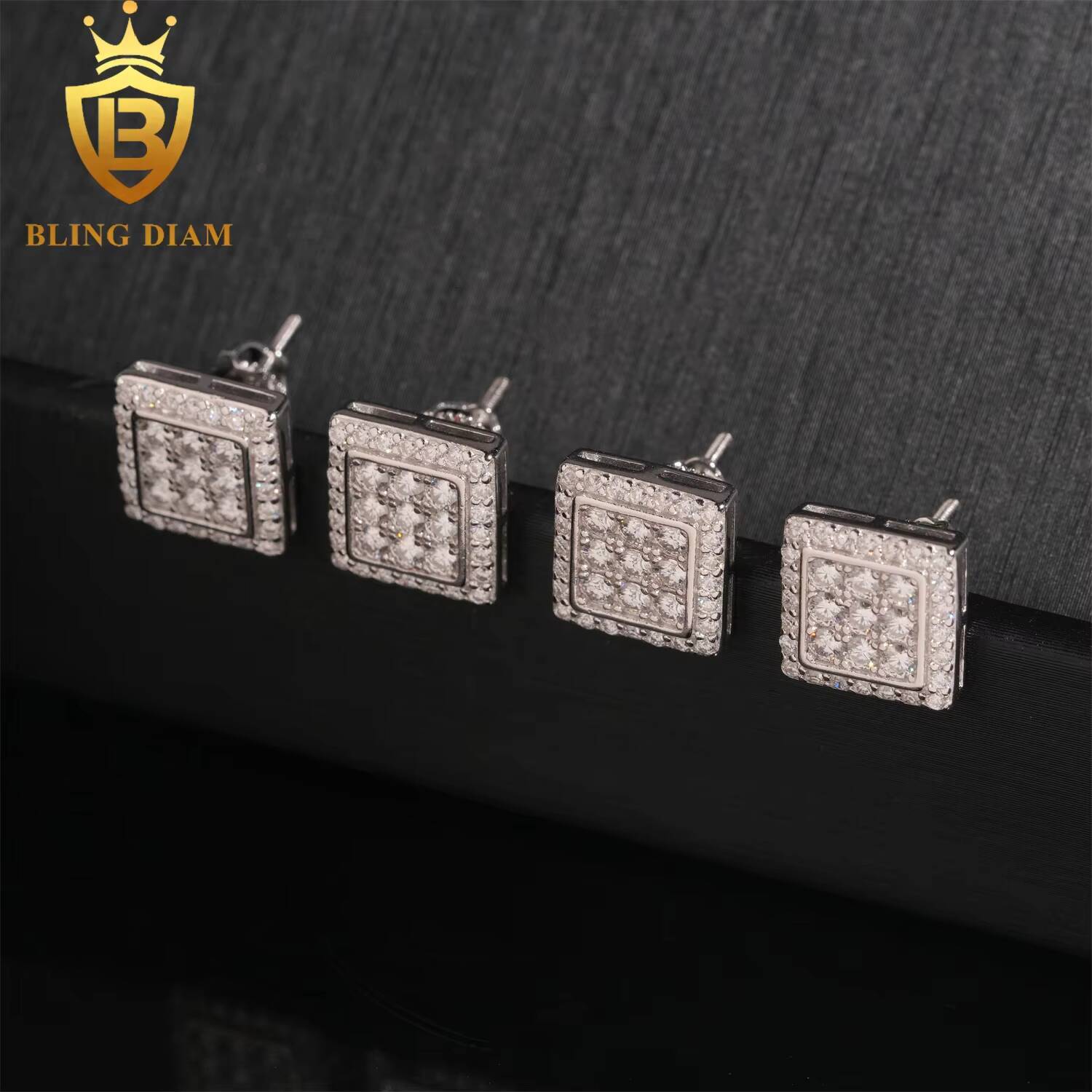 Hip Hop Jewelry Wholesale 925 Silver Rose Gold Plated Vvs Moissanite Diamond Square Earrings Stud Cluster for Man Women