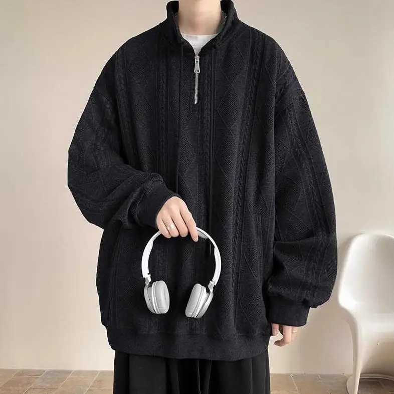 American Retro Zip-Up Collar Jacquard Sweatshirt Mens Winter Plush Oversized Couple Coat Y250811