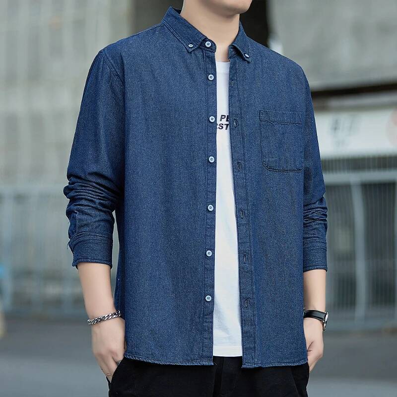 Spring Autumn Men's Denim Cotton Long Sleeve Solid Color Slim Casual Shirts Mens Blue Streetwear Daily Jean Blouse Tops ddmymarket