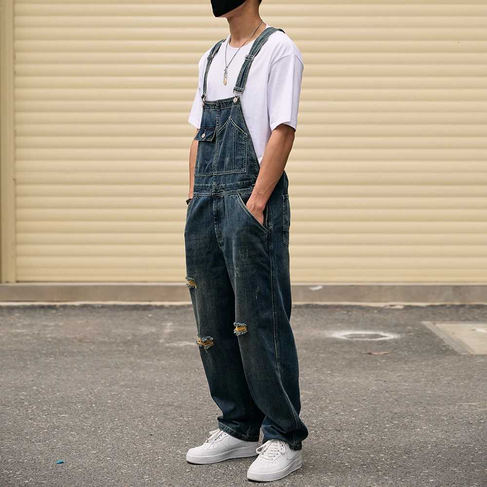 Men Loose Holes Ripped Denim Bib Overalls Pockets Distressed Blue Jeans Adjustable Suspenders Jumpsuits Coveralls Dungarees X250812