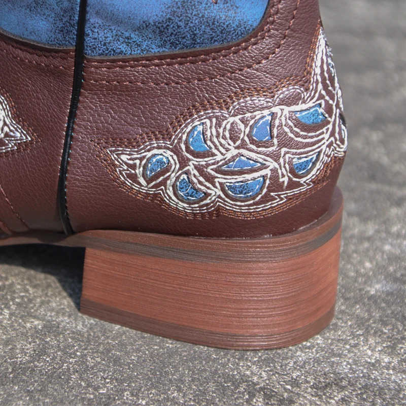 Leather Embroidered Western Cowboy Retro Cowgirl Boots Low Heels Knee High Boots Female Footwear M250812