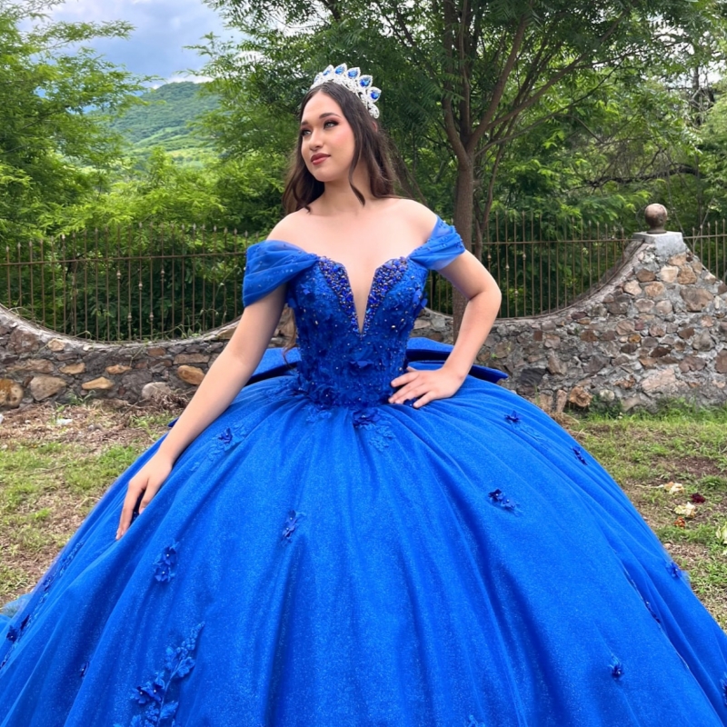 Royal Blue Shiny Quinceanera Dresses Off The Shoulder Applique Flower Bow Beads Tull Party Birthday Ball Gown Vestidos De 15 Anos Sweet 16 Dress