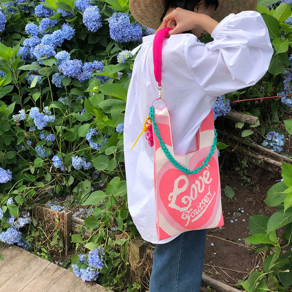 Color Striped Crochet Wrist Bag Women Handbags Cute Knitting Shoulder Crossbody Bags for Women Candy Color Shopper Tote 250809