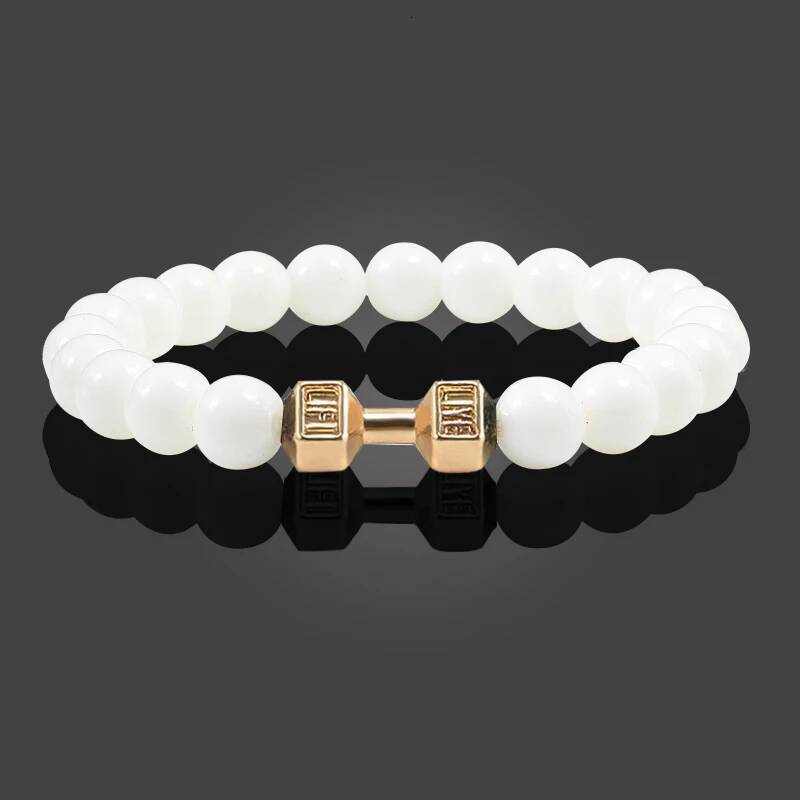 Natural Volcanic Stone Bracelet Men Matte Black Lave White Beads Charm Dumbbell Strand Bracelets Women Barbell Fiess Jewelry