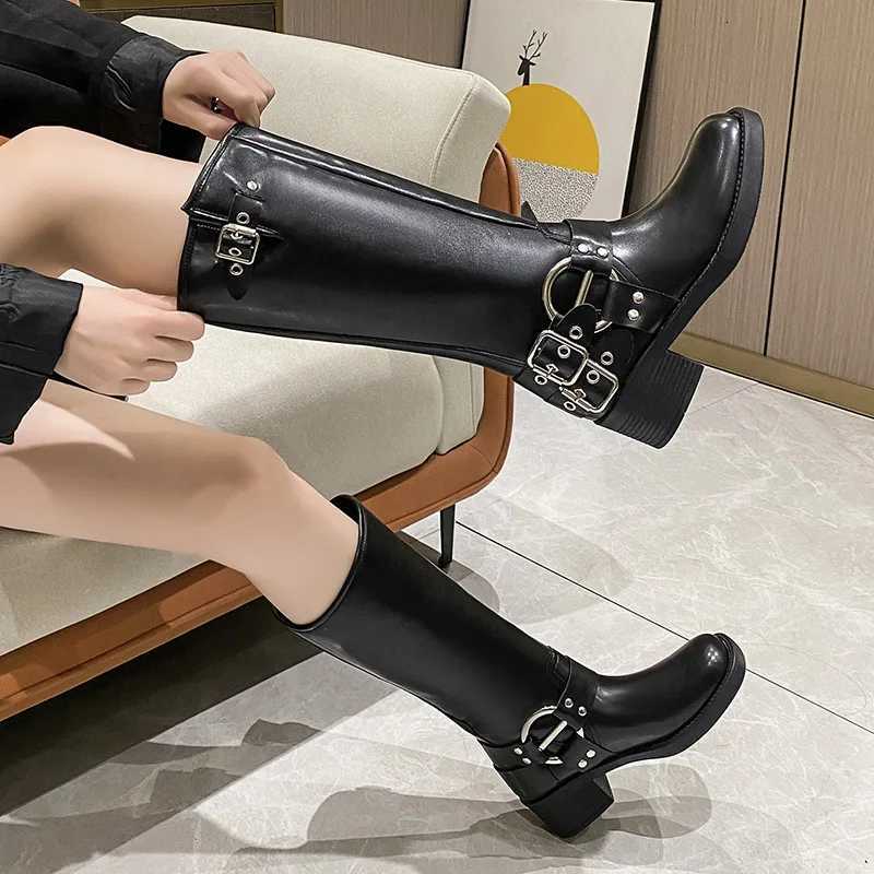High Quality Brown Long Wen 2025 Autumn Winter Wens Knee-high Classic Metal Pin Buckle Punk Biker Boots Y250812