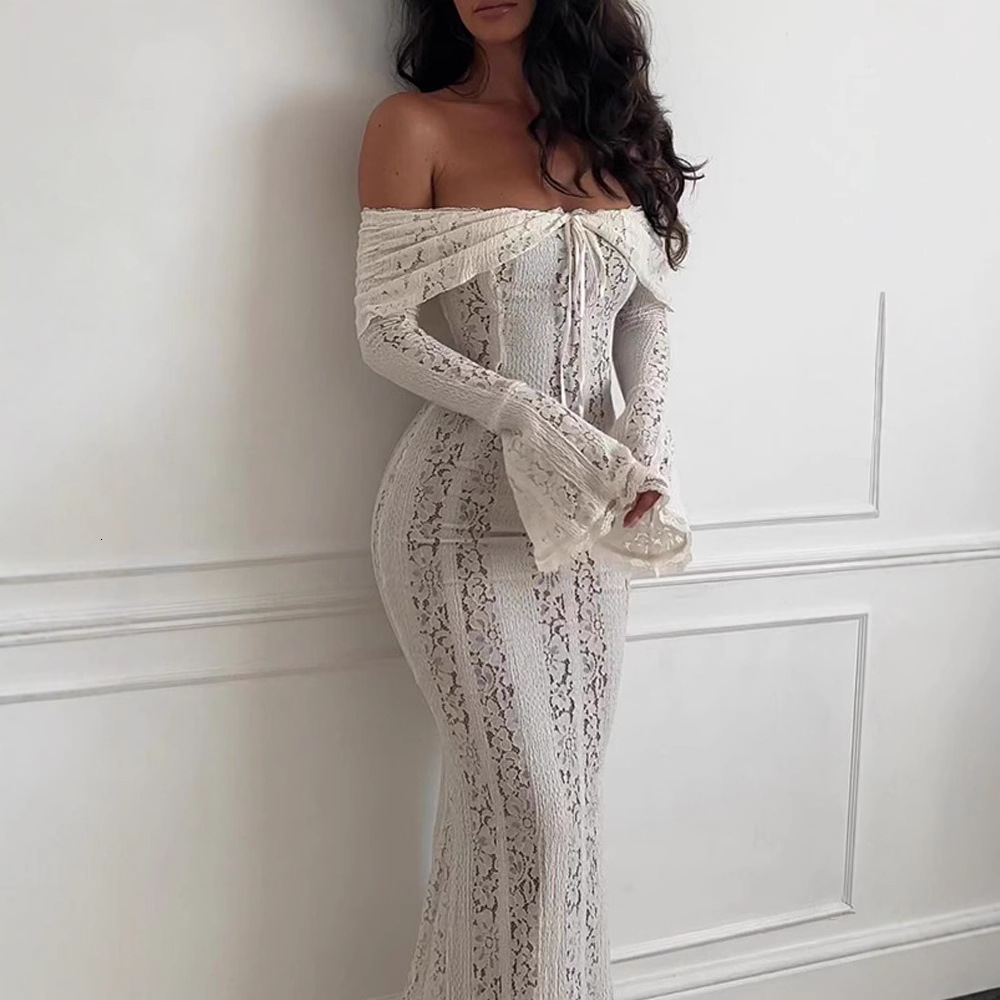 2025 Summer New Women's Lace Lace Strap Off Shoulder Trumpet Sleeves Slimming Long Dress European and American Sexy Long Sleeve High Waist trend 