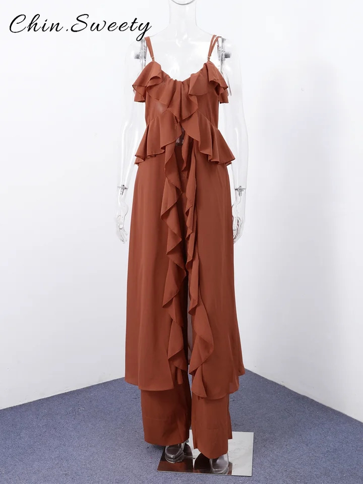 Elegant Ruffles 2 Piece Sets Woman V-neck Sleeveless Sling Top High Waist Wide Leg Pants 2025 Summer Lady High Street Outfit 250811