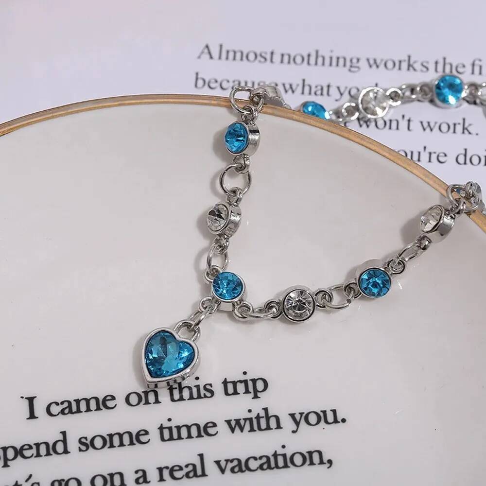 Women Sier Color Lucky Female Blue Crystal Heart Charm Pulseras Bracelet Bridal Wedding Engagement Fine Jewelry Gift