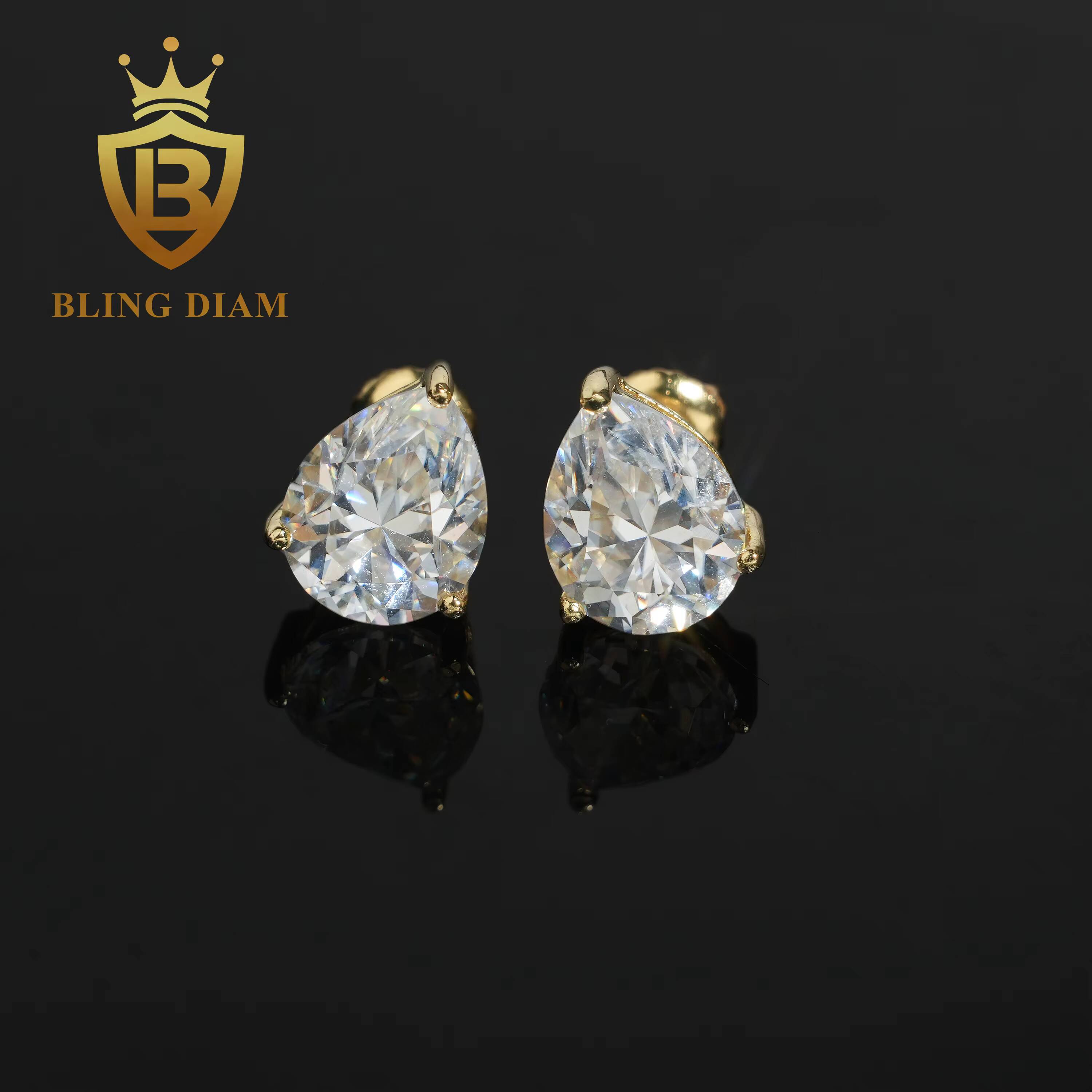 GRA Certificate 2ct Pear Cut Moissanite Diamond Earrings 925 Sterling Silver Hip Hop Stud Earrings Screw Back