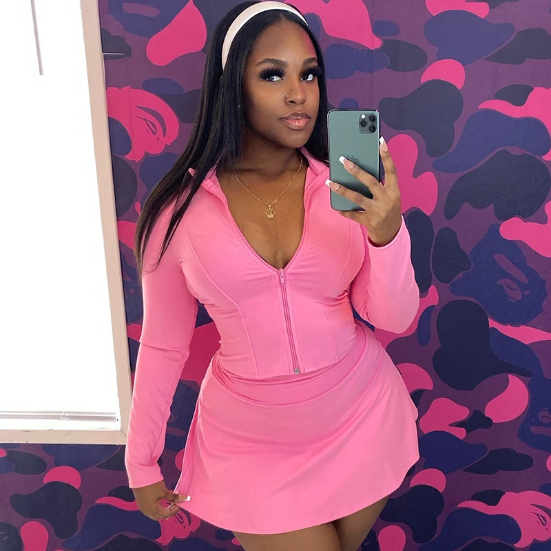 CUTENOVA Women Solid Color Stand Collar LongSleeved Slim Zipper Short Top ALine Skirt TwoPiece Set Casual Simple Sports 250811