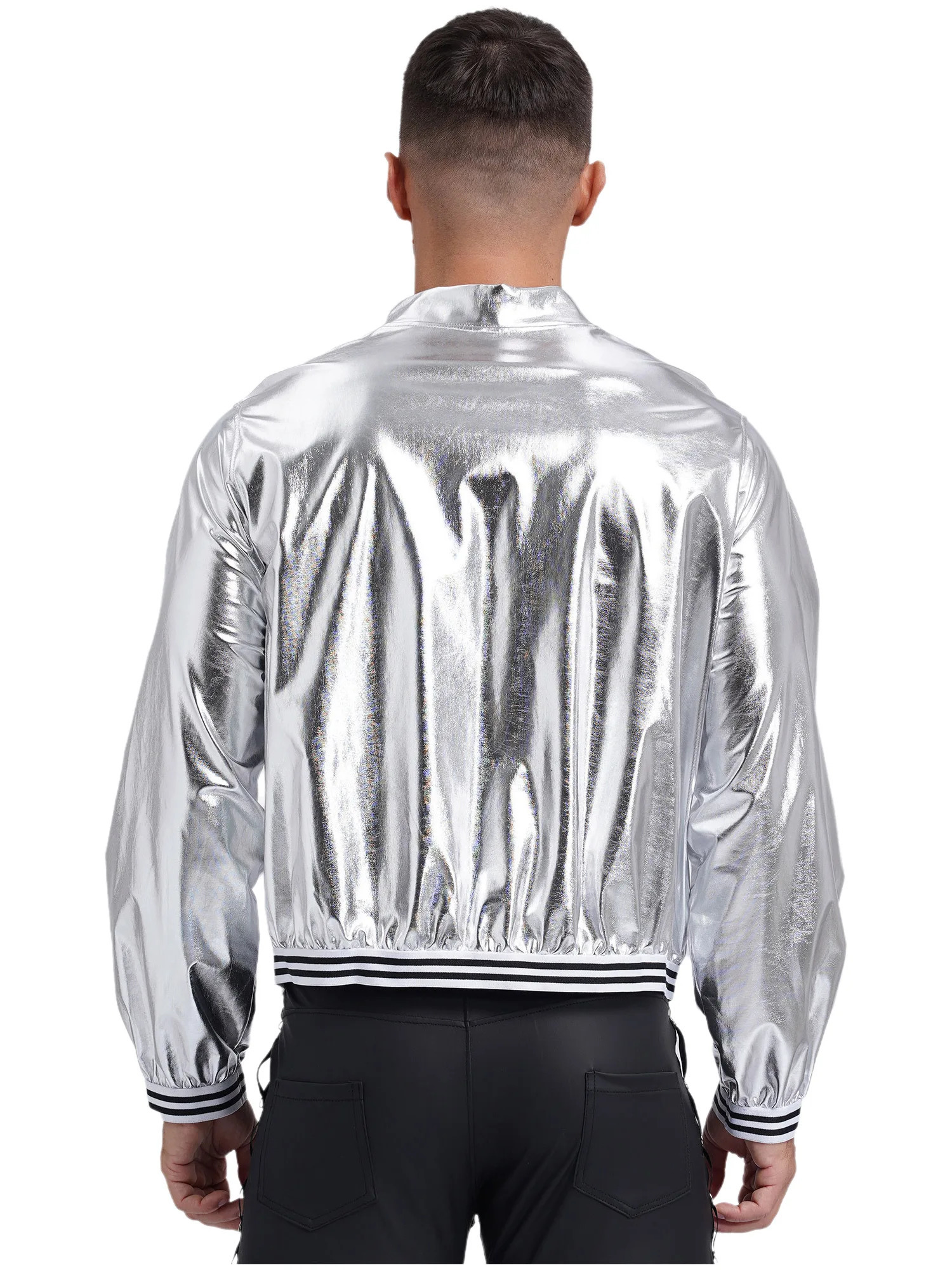 Mens Metallic Shiny Bomber Jacket Long Sleeve Zip Up Baseball Jackets Coat Rave Dance Party Festival Varsity Outerwear Clubwear 250811