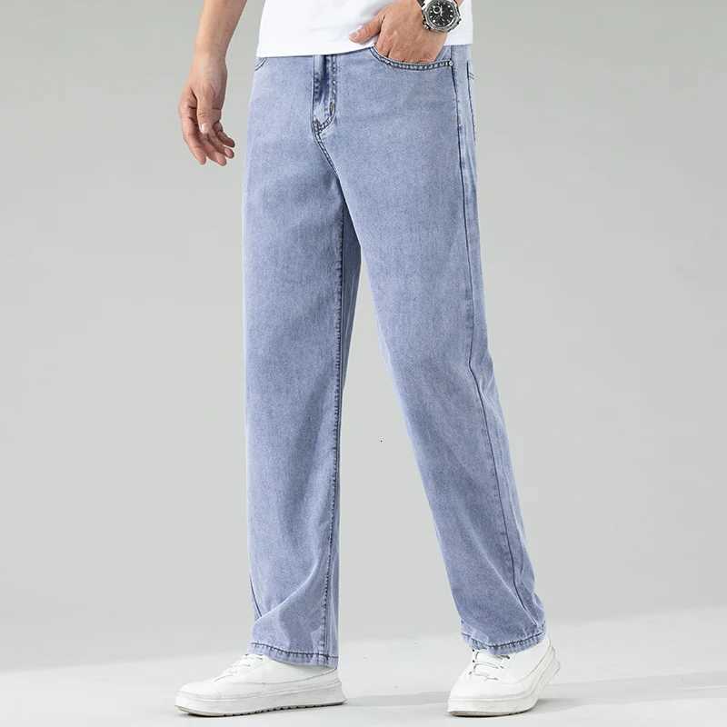 Summer Thin Lyocell Mens Black Jeans Loose Straight Soft Ice Silk Casual Denim Pants Brand Man Elastic Wide-leg Trousers X250812
