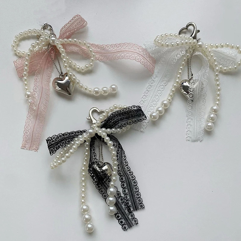 Sweet Pearl Bow Keychain Heart Lace Pendant Car Keychain Korean Y2K Beauty Girl Bag Pendant Accessory Gift 250811