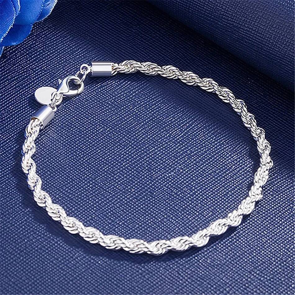 ALIZERO Sterling Sier Unisex 4mm Rope Bracelets for Men Women Twisted Links Chain Bracelet Simple Classic Jewelry