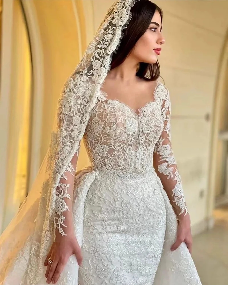 2025 New Arrival Mermaid Wedding Dress Lace Embroidery 2 in 1 V-Neck Full Sleeves Elegant Bride Dresses Vestido de novia
