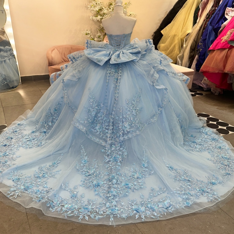 Sky Blue Shiny Quinceanera Dresses Off The Shoulder Applique Lace Beads Bow Tull Party Birthday Ball Gown Vestidos De 15 Anos Sweet 16 Dress