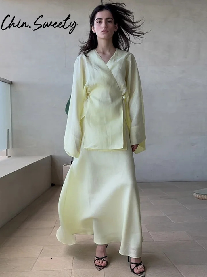 Casual Shirt Skirt Women 2-piece Set Elegant Lace Up V-neck Long Flare Sleeve Shirts Mermaid Skirts 2025 Summer Lady Outfit 250811