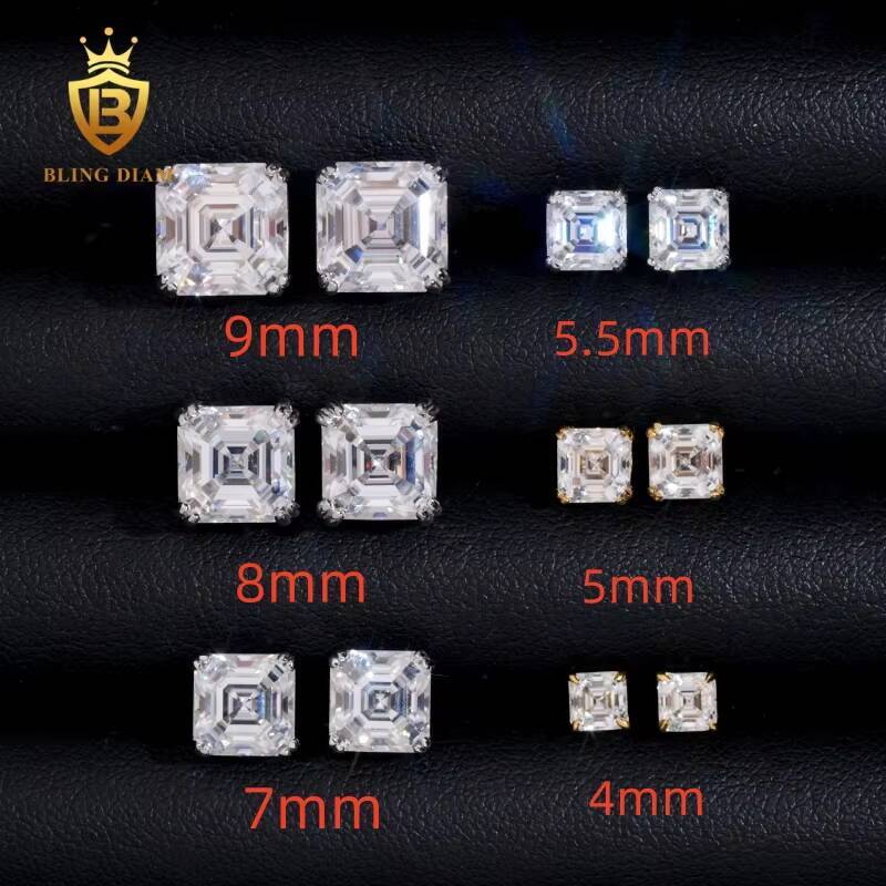 Hot Sale GRA Certificate 4mm-9mm Princess Square Cut Moissanite Diamond Earrings 925 Sterling Silver Hip Hop Stud Earrings Set