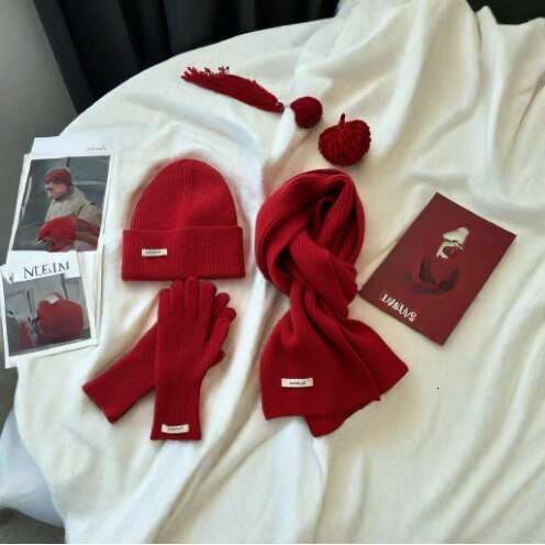 beanie cap Burgundy Scarf Hat Two-Piece Anti-Frost Gloves Christmas Gift Student Warm Three-Piece Set