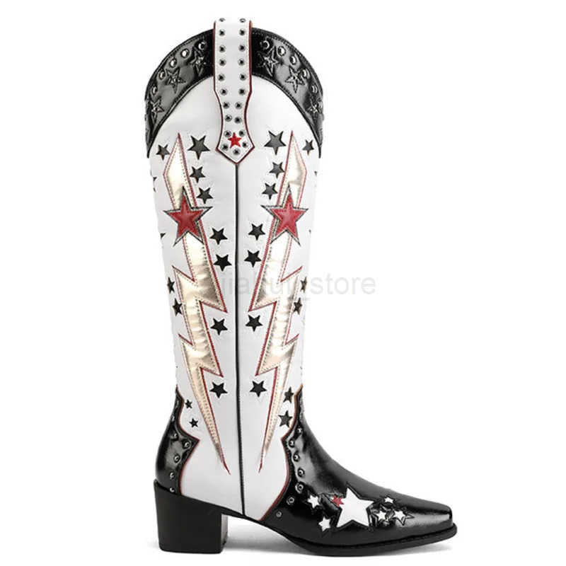 White Western Boots Ethnic Retro Knights Boots Fashion Five-pointed Star Cowgirl Boots M250812