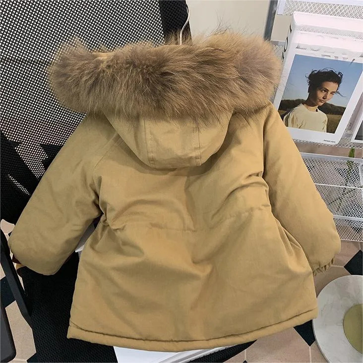 Winter childrens wear Plush thickened cotton coat windbreaker coat boys and girls medium length Plush waist cotton jacket 250811